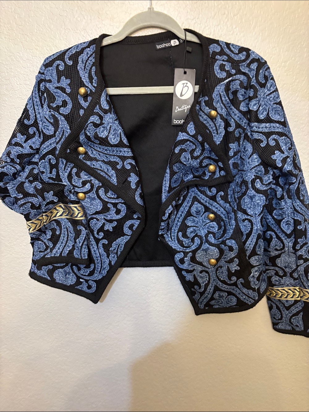 Boohoo Black Cropped Jacket with Blue Embroidered Motif